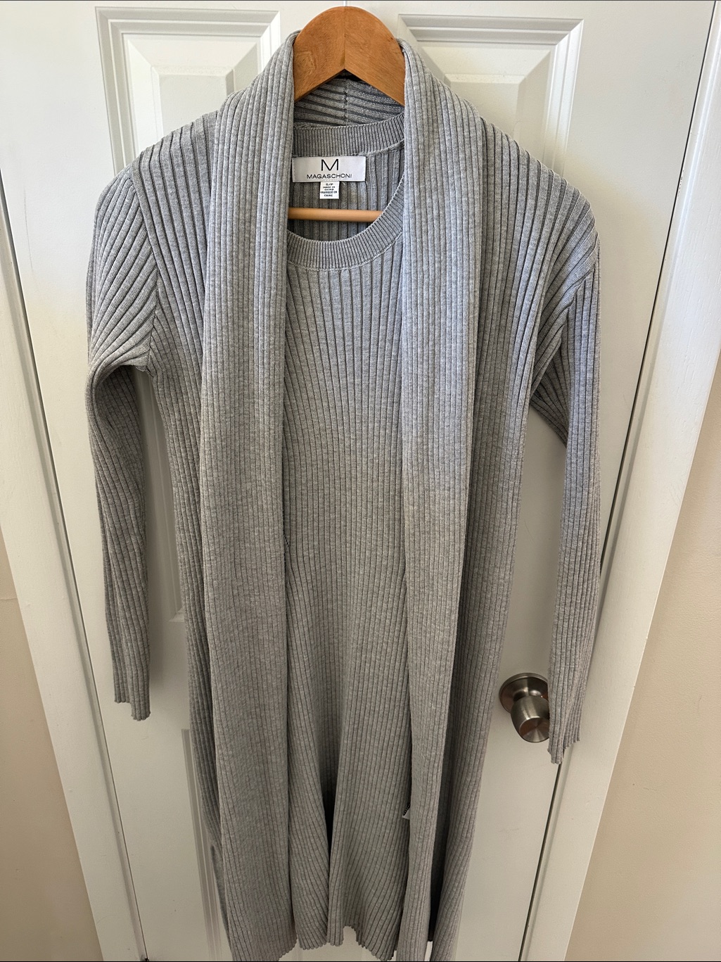 Magaschoni Light Gray Ribbed Long Open-Front Cardigan